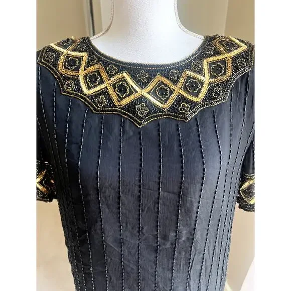 Vintage Night Vogue silk gold beaded evening cocktail top size XL - Picture 3 of 6